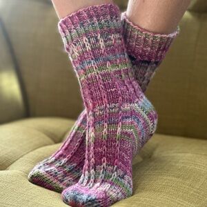 Hand-Knit Pink Multi-Color Chunky Crew Socks